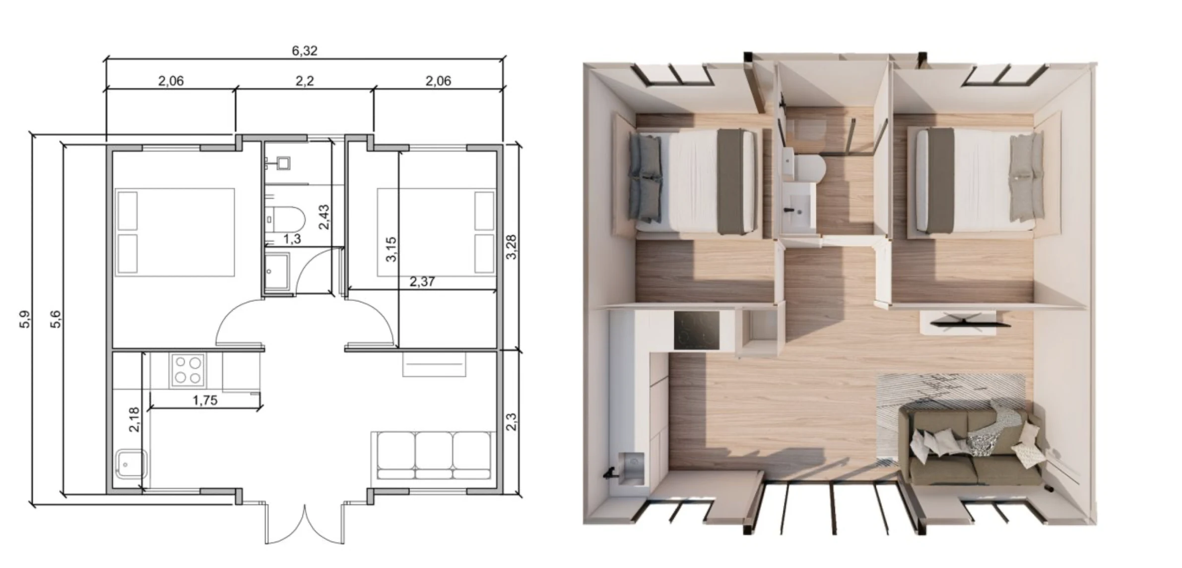 plano X-O3 Distribución C · 2 dormitorios y cocina frontal